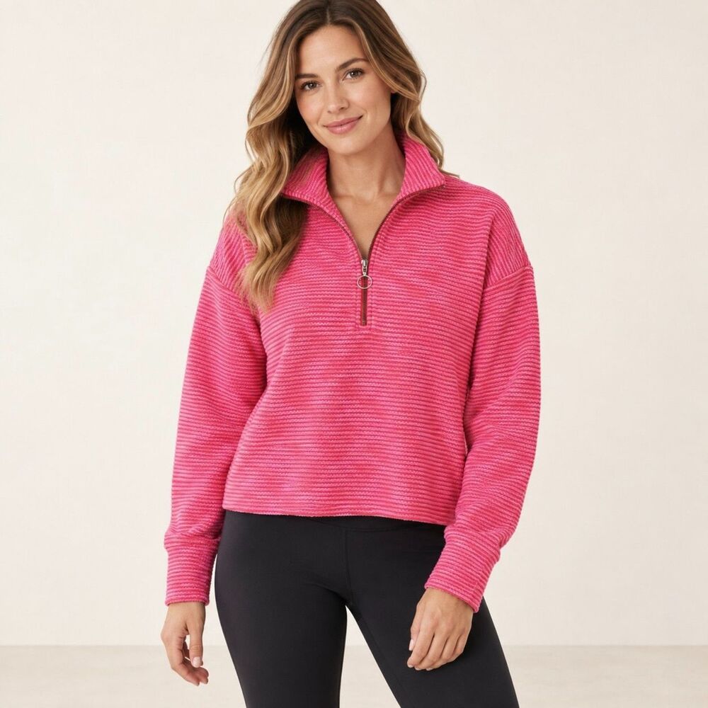 Sweaty Betty Boucle Half Zip Pullover Pink Red Sweatshirt Size 6 Cozy Casual